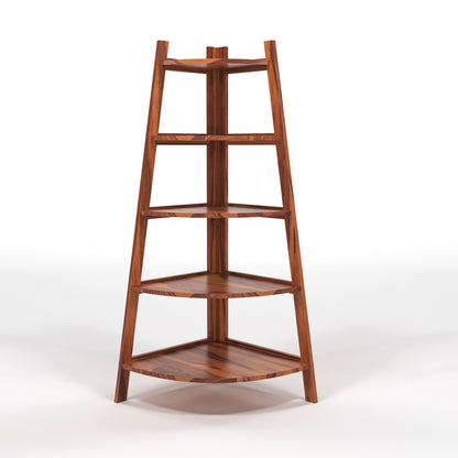 Zentor Solid Sheesham Wood 5 Tier Corner Ladder Shelf Floor Standing (Honey Finish))