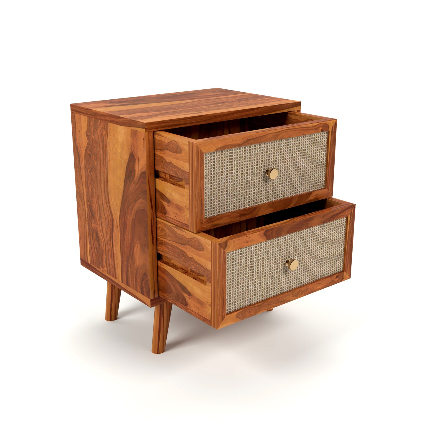 Rattan Cane Solid Sheesham Wood Bedside Table (Natural Finish)