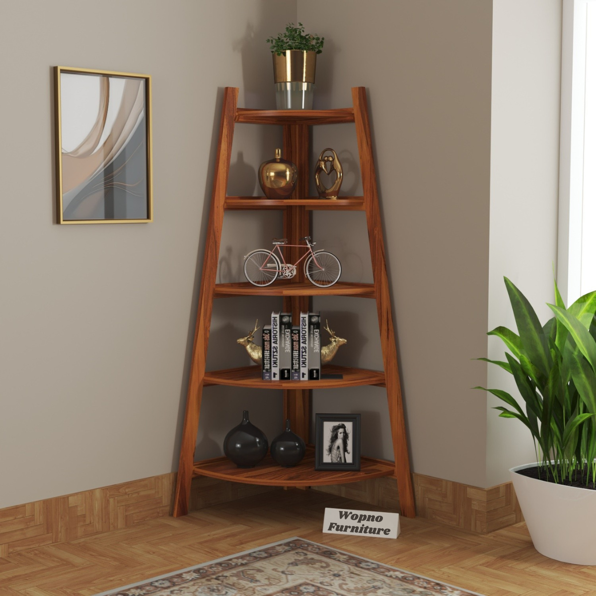 Zentor Solid Sheesham Wood 5 Tier Corner Ladder Shelf Floor Standing (Honey Finish))