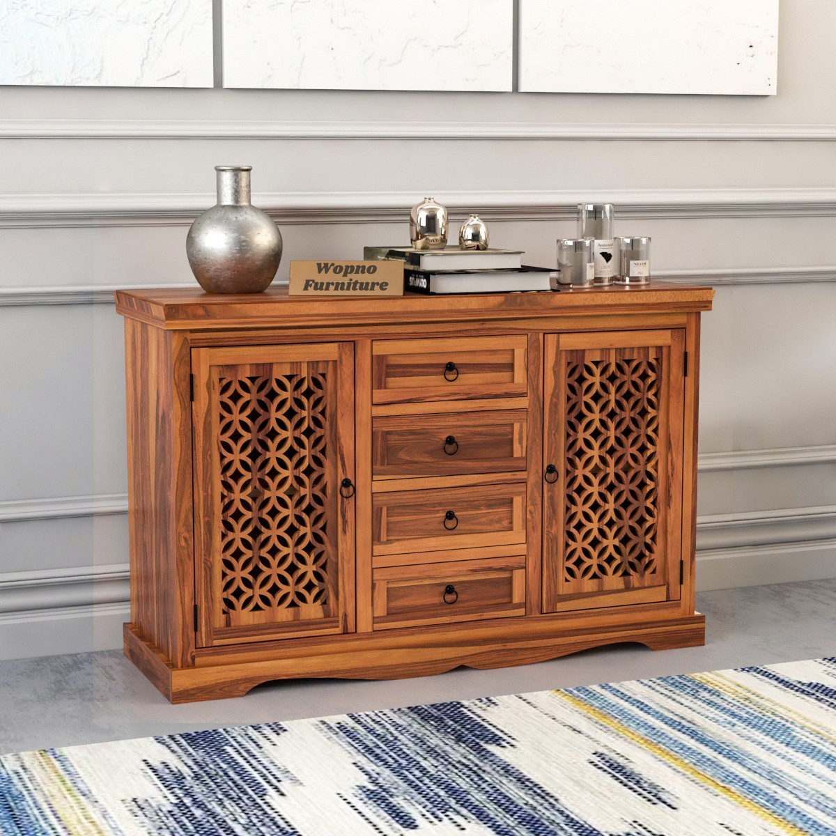 Pivra Solid Sheesham Wood Sideboard and Cabinets (Honey Finish)