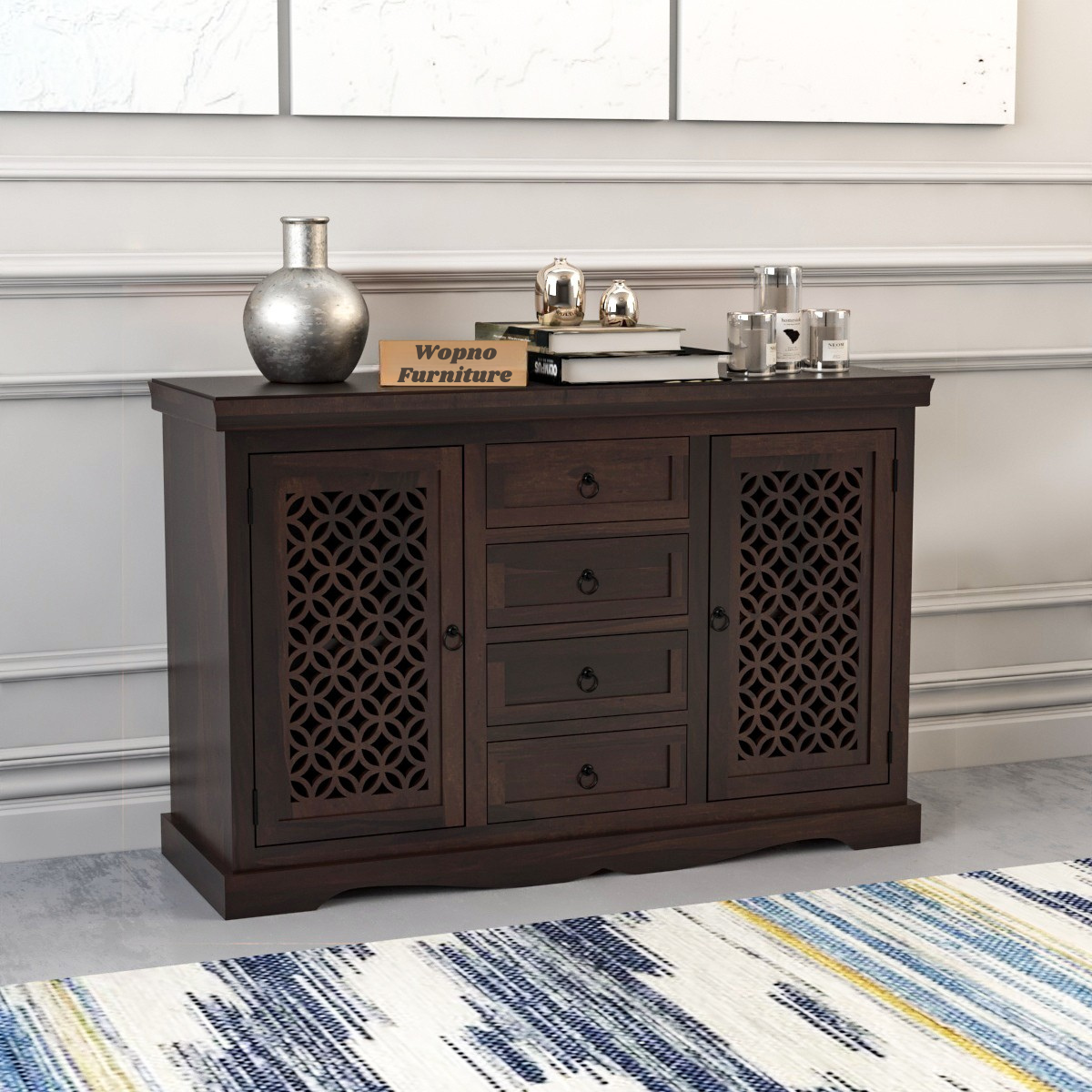 Pivra Solid Sheesham Wood Sideboard and Cabinets (Walnut Finish)
