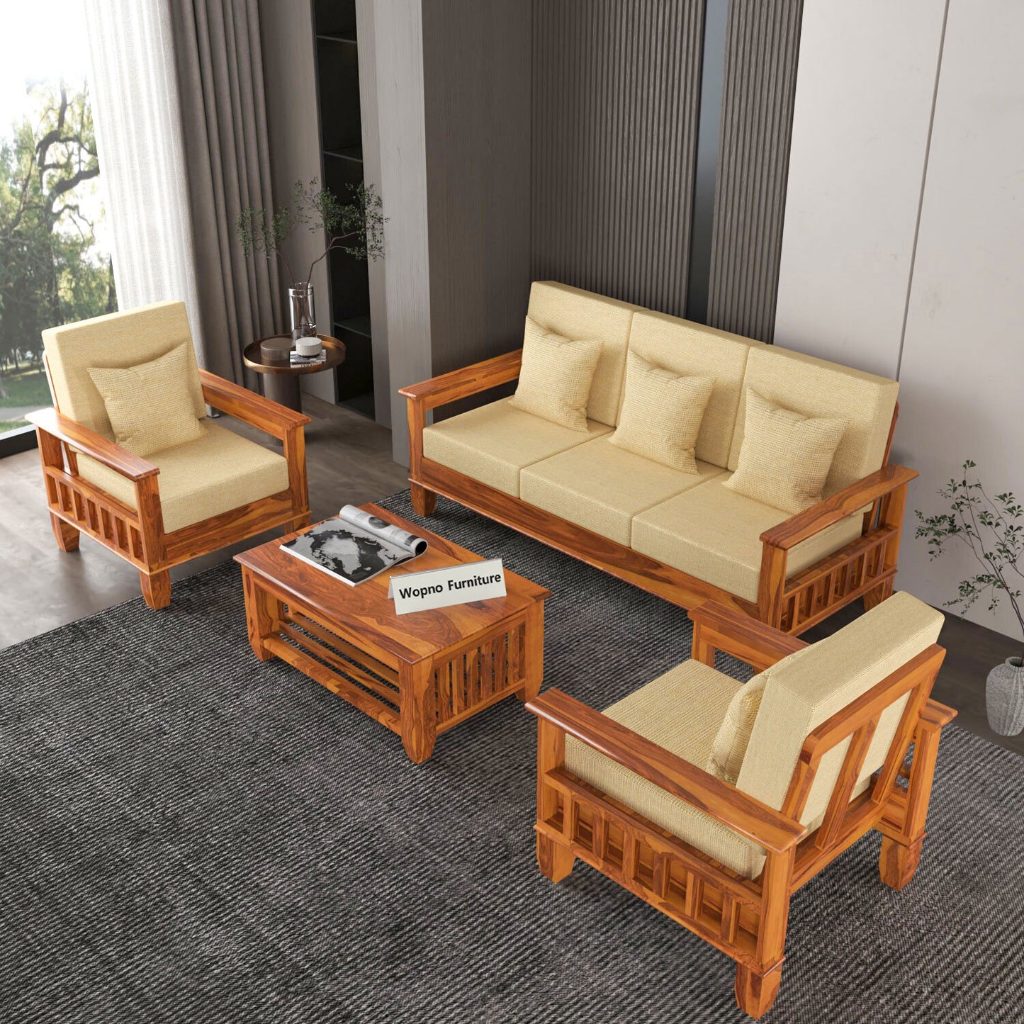 Trivralionel 5  Seater Solid Sheesham Wood Sofa Set 3+1+1 (Honey Finish)