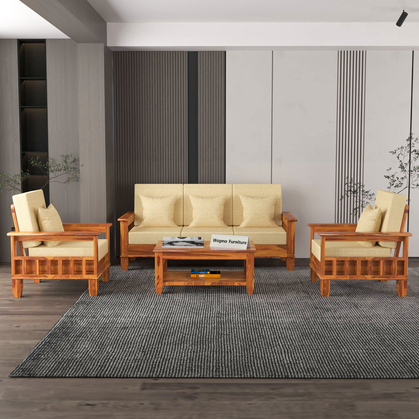 Trivralionel 5  Seater Solid Sheesham Wood Sofa Set 3+1+1 (Honey Finish)