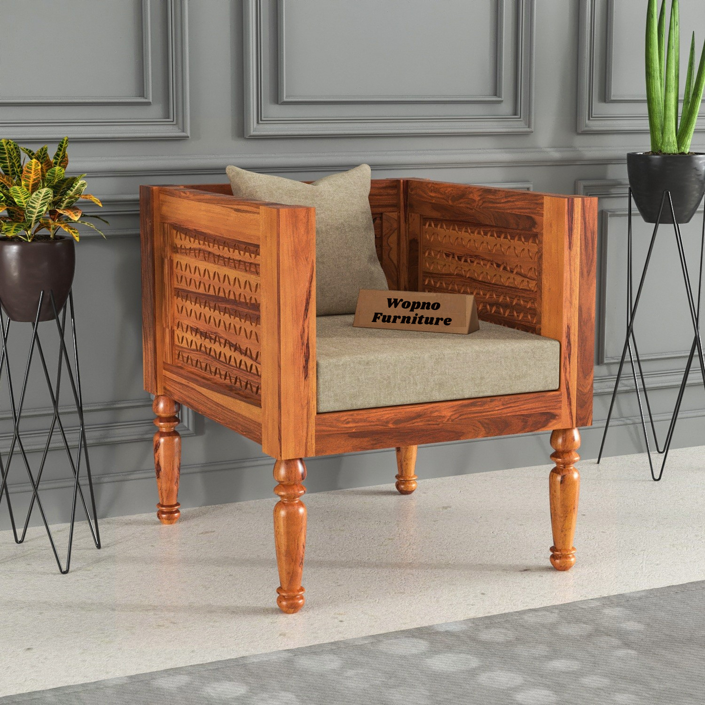 Cindor Solid Sheesham  Wooden 1 Seater Sofa Arm Chair (Honey Finish )