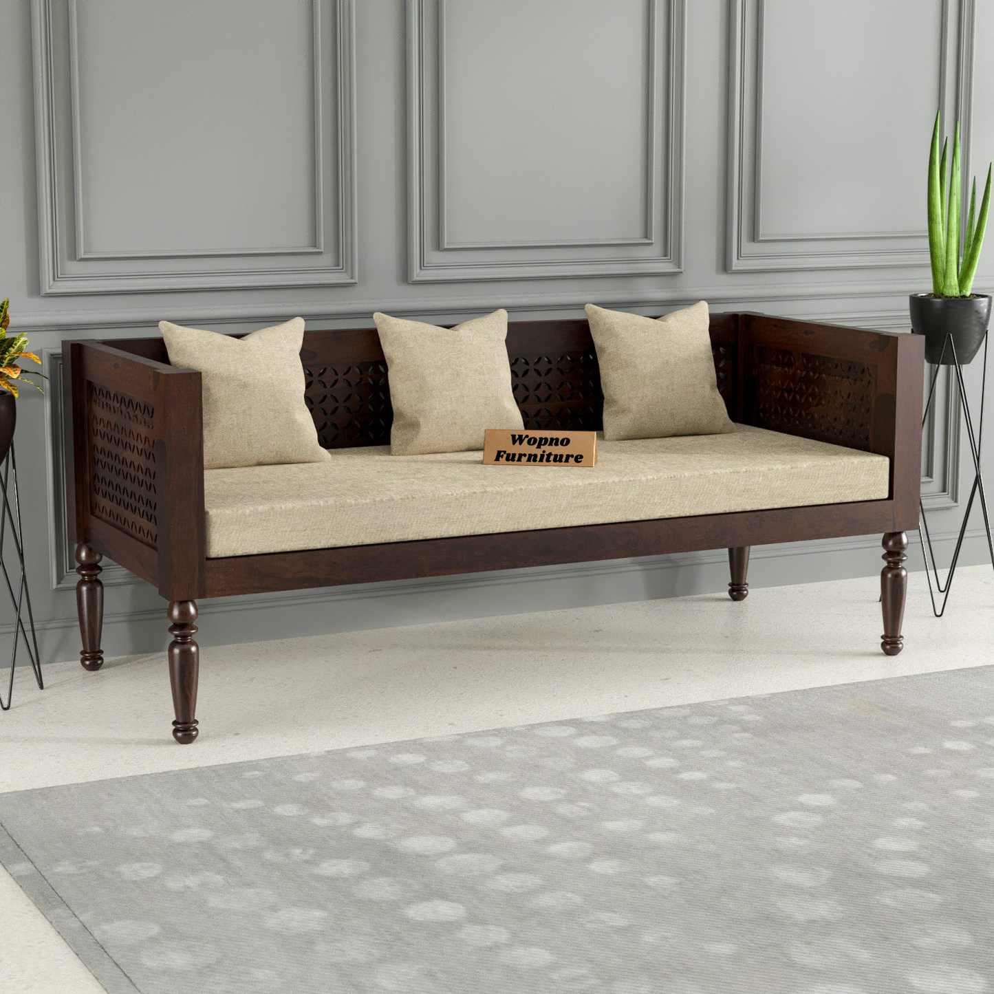 Exrel  Solid Sheesham Wooden 3 Seater Sofa (Walnut Finish )