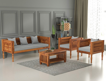 Sovric Solid Sheesham  Wooden 5 Seater Sofa Set (Honey Finish )