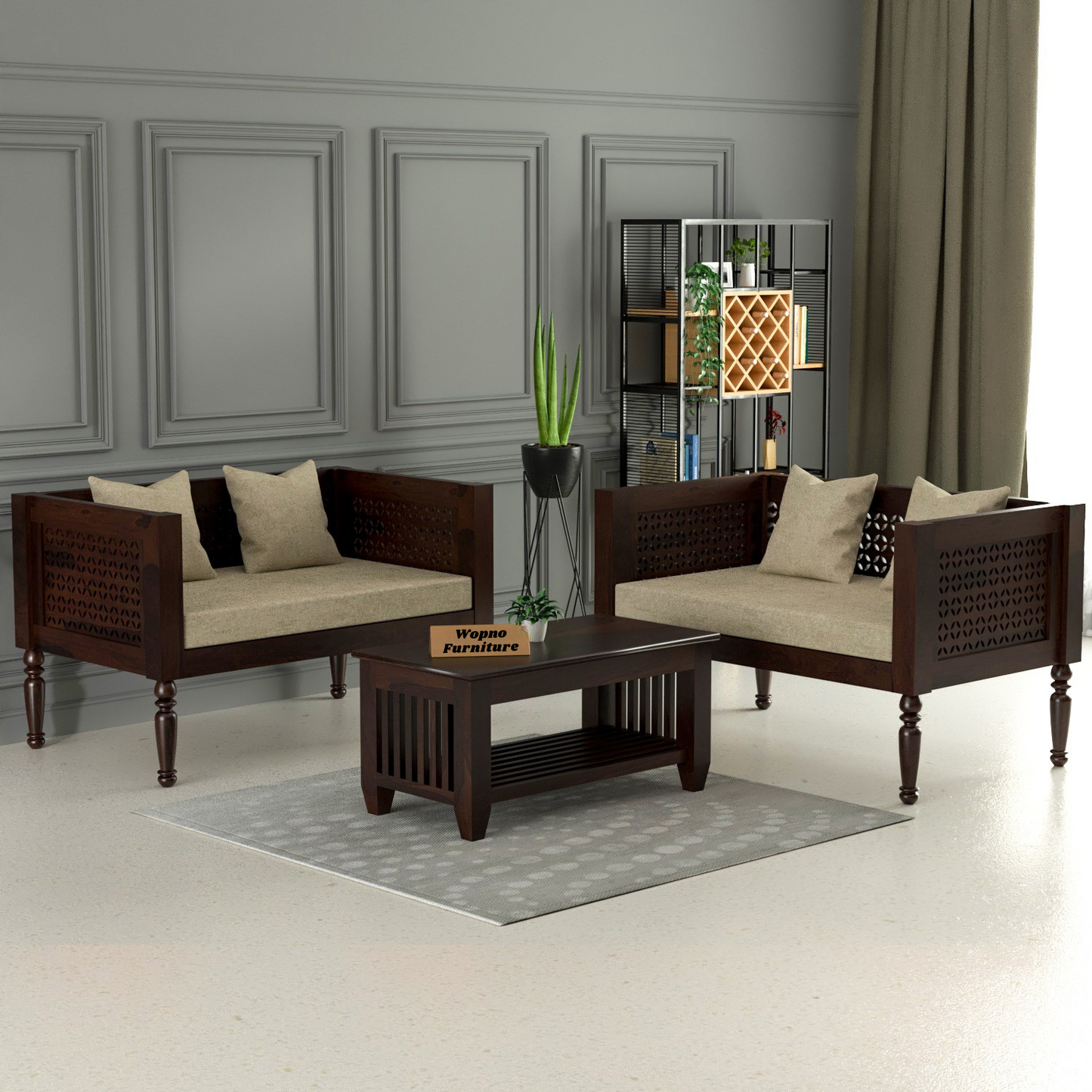 Marvon  Solid Sheesham Wooden 4 Seater Sofa Set (Walnut Finish )