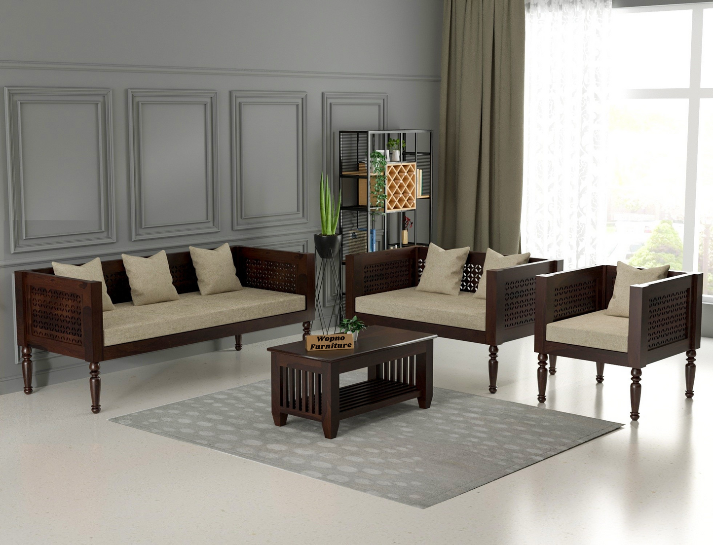 Ulnor Solid Sheesham Wooden 6 Seater Sofa Set (Walnut Finish)