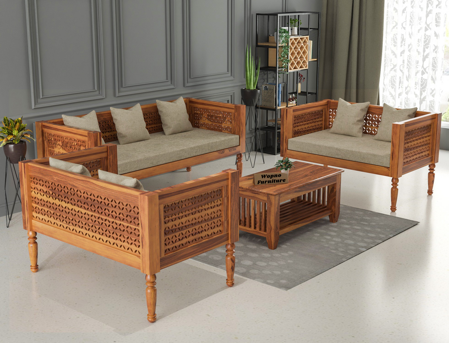 Drivor Solid Sheesham Wooden 7 Seater Sofa Set (Honey Finish)