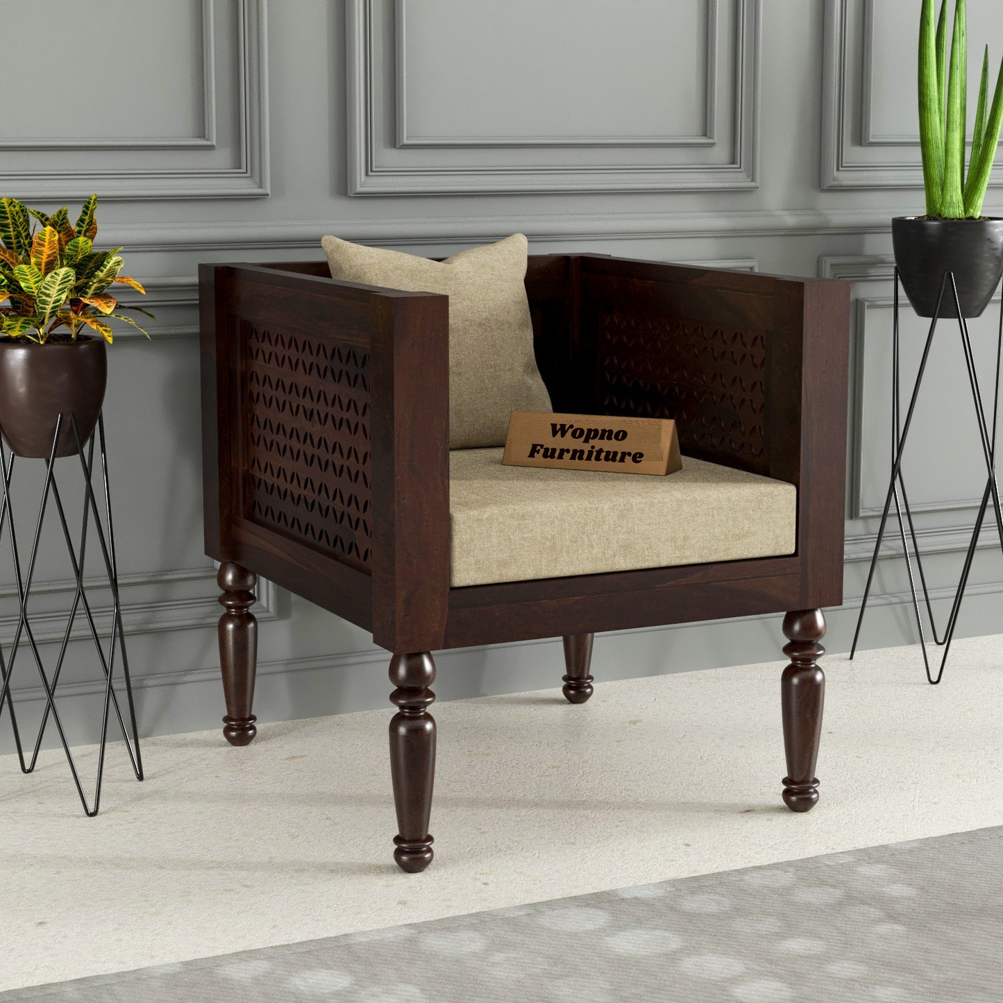 Cindor Solid Sheesham  Wooden 1 Seater Sofa Arm Chair ( Walnut Finish )