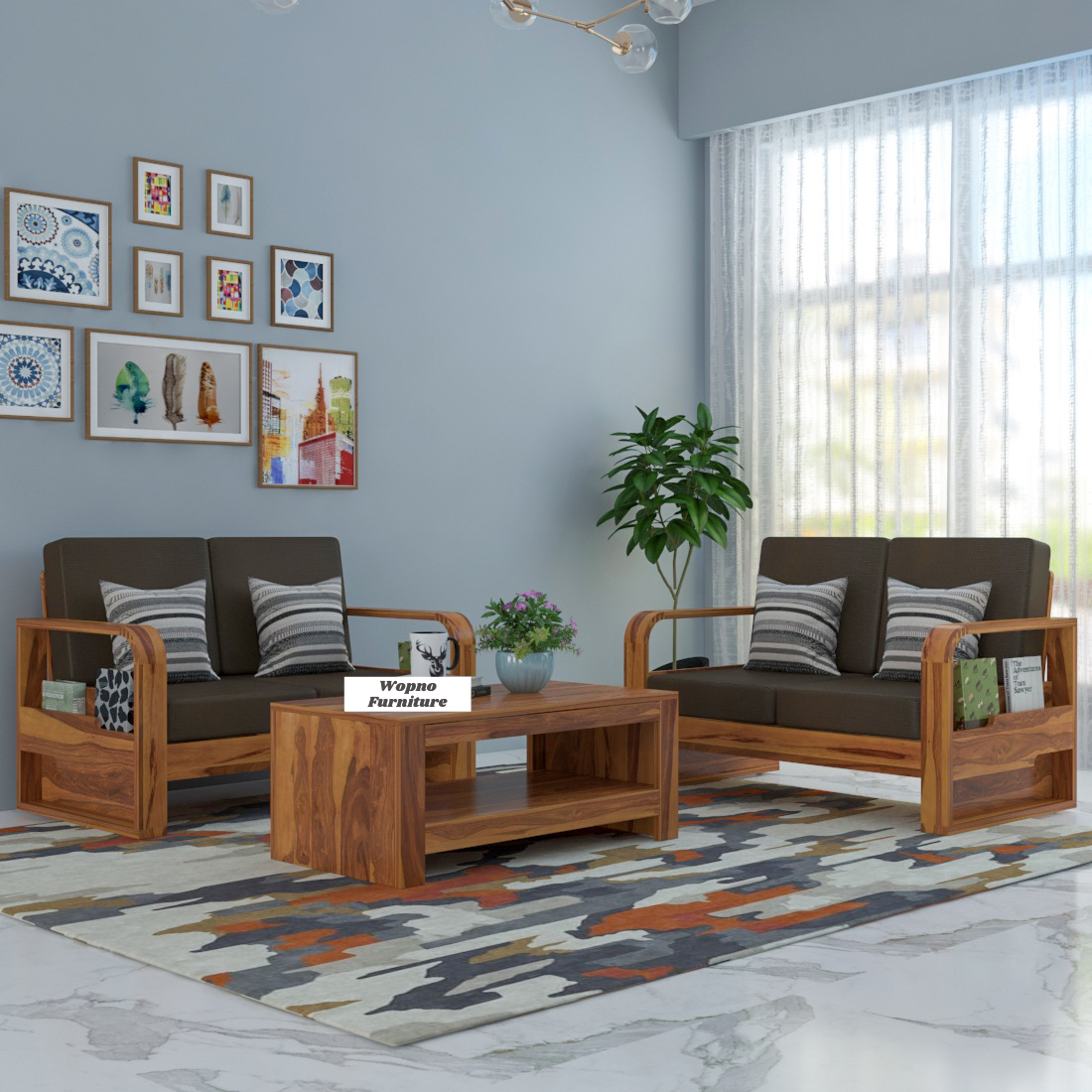 Orynel Sheesham Wooden 4 Seater Sofa Set (Honey Finish)