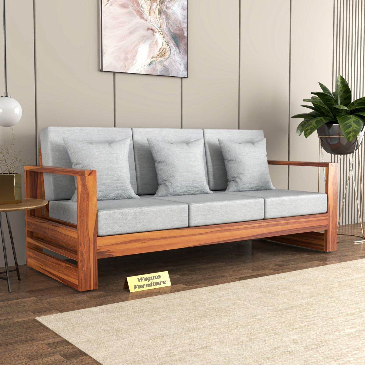 Nivora Sheesham Wooden 3 Seater Sofa Set (Honey Finish)