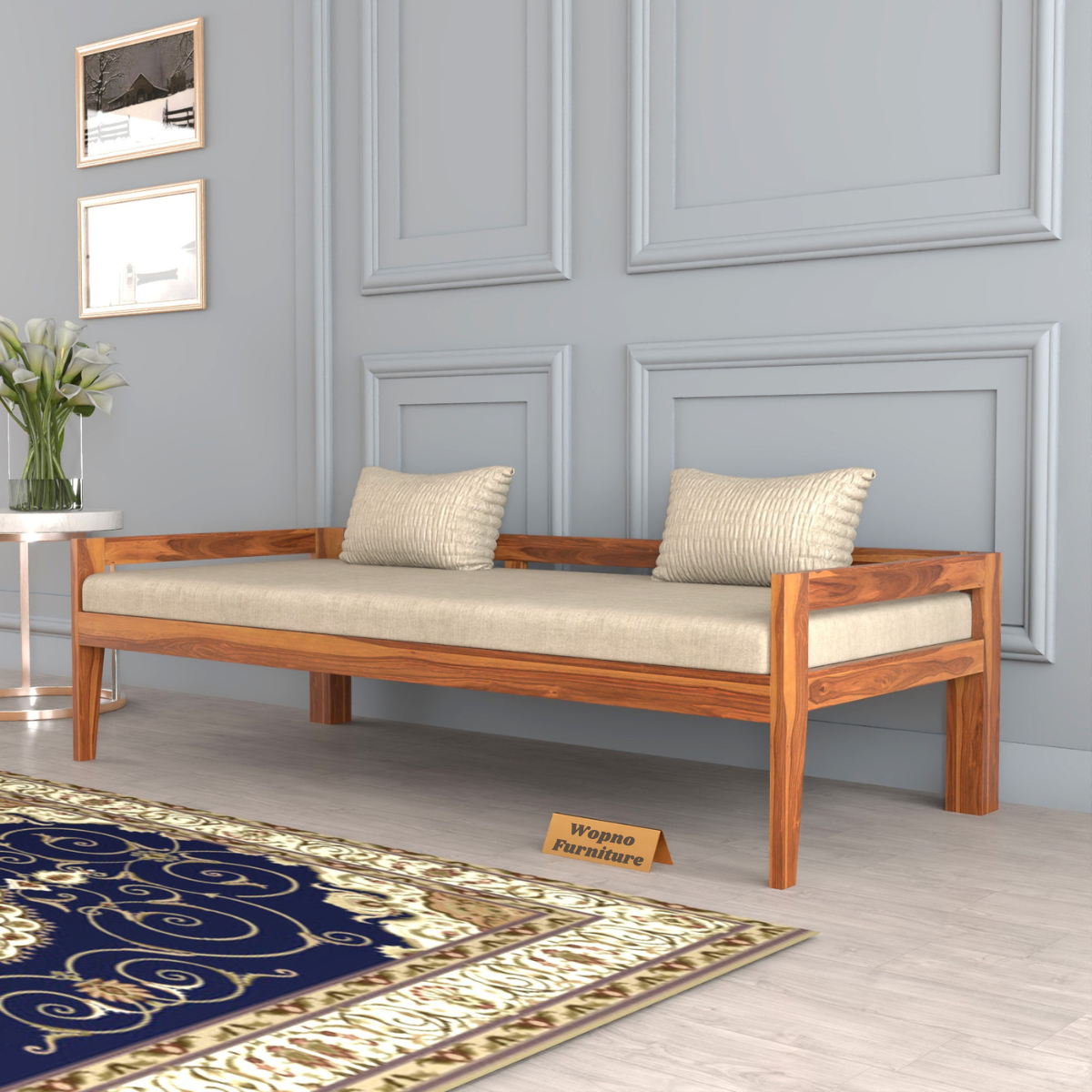 Tivra Solid Sheesham Wood Diwan Bed (Honey Finish )