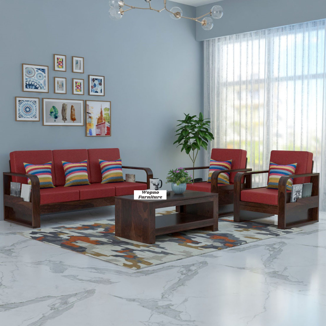 Brivon Sheesham Wooden 5 Seater Sofa Set (Walnut Finish)