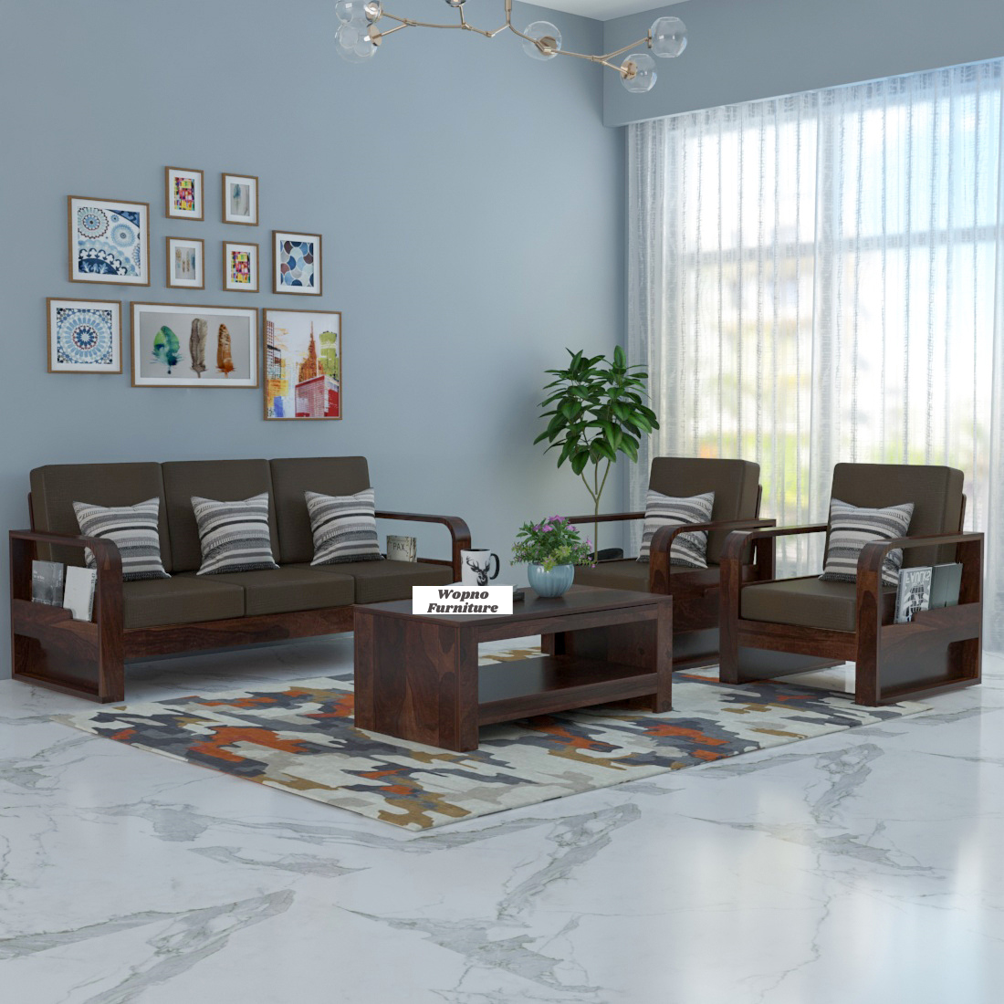 Brivon Sheesham Wooden 5 Seater Sofa Set (Walnut Finish)