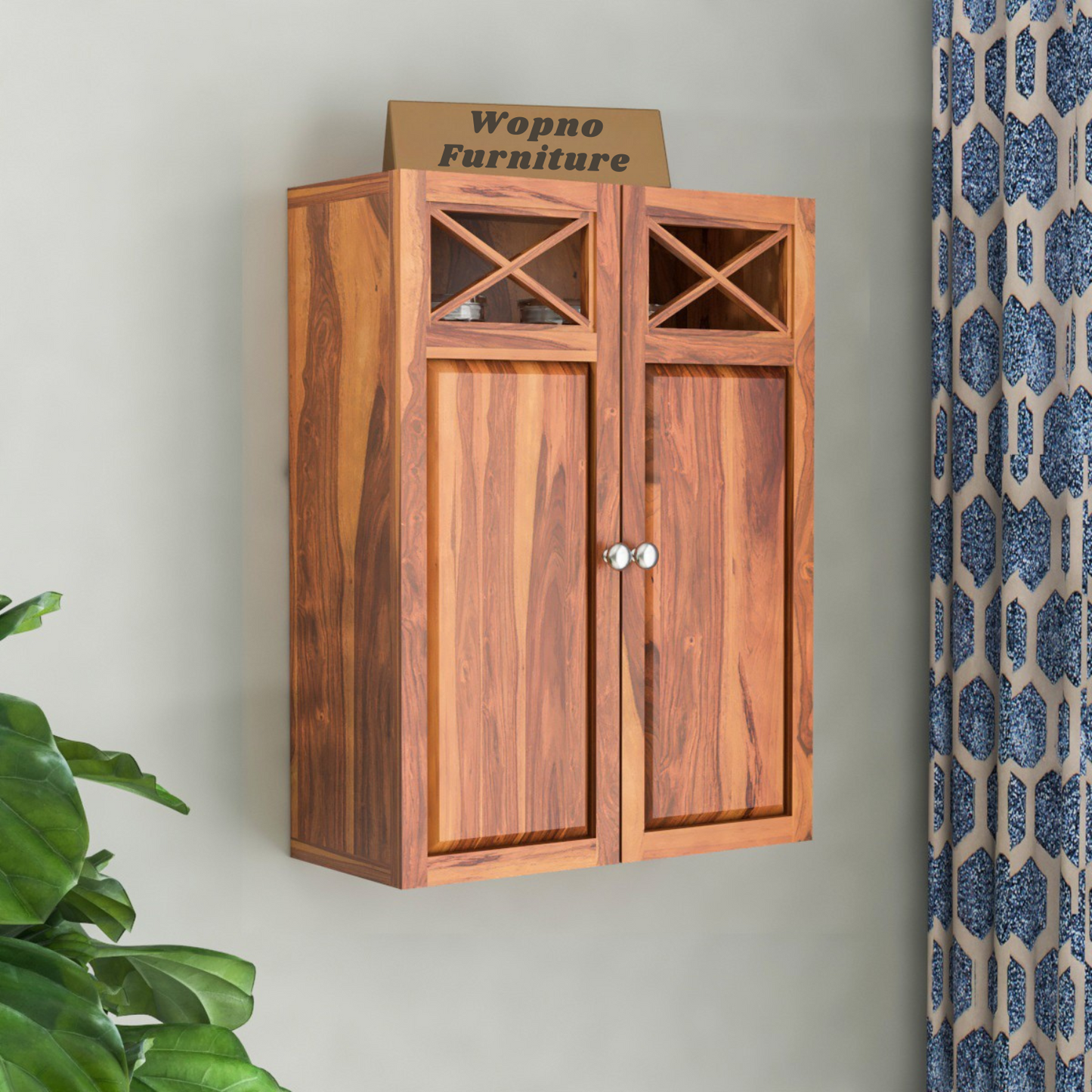 Yelric Solid Sheesham Wood Wall Mounted Kitchen Cabinet | 2-Door Unit With Storage  (Honey Finish)