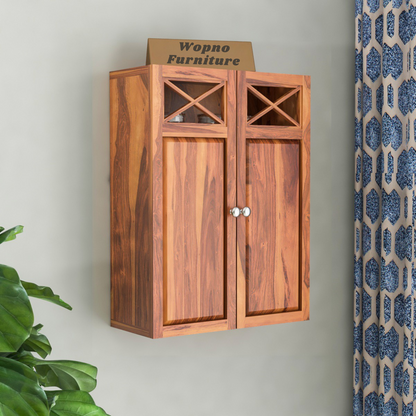 Yelric Solid Sheesham Wood Wall Mounted Kitchen Cabinet | 2-Door Unit With Storage  (Honey Finish)