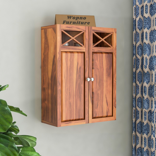 Yelric Solid Sheesham Wood Wall Mounted Kitchen Cabinet | 2-Door Unit With Storage  (Honey Finish)