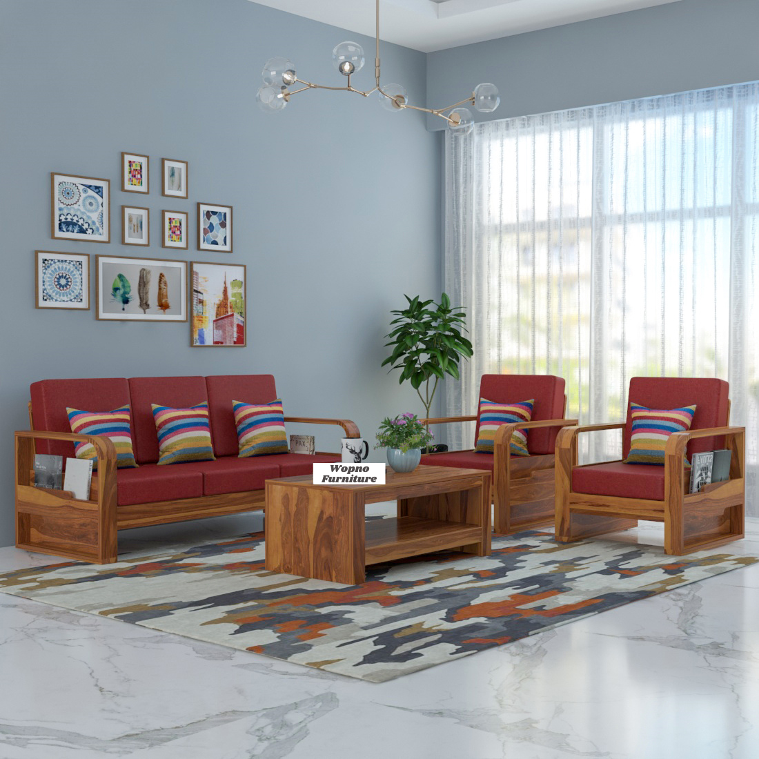 Brivon Sheesham Wooden 5 Seater Sofa Set (Honey Finish)