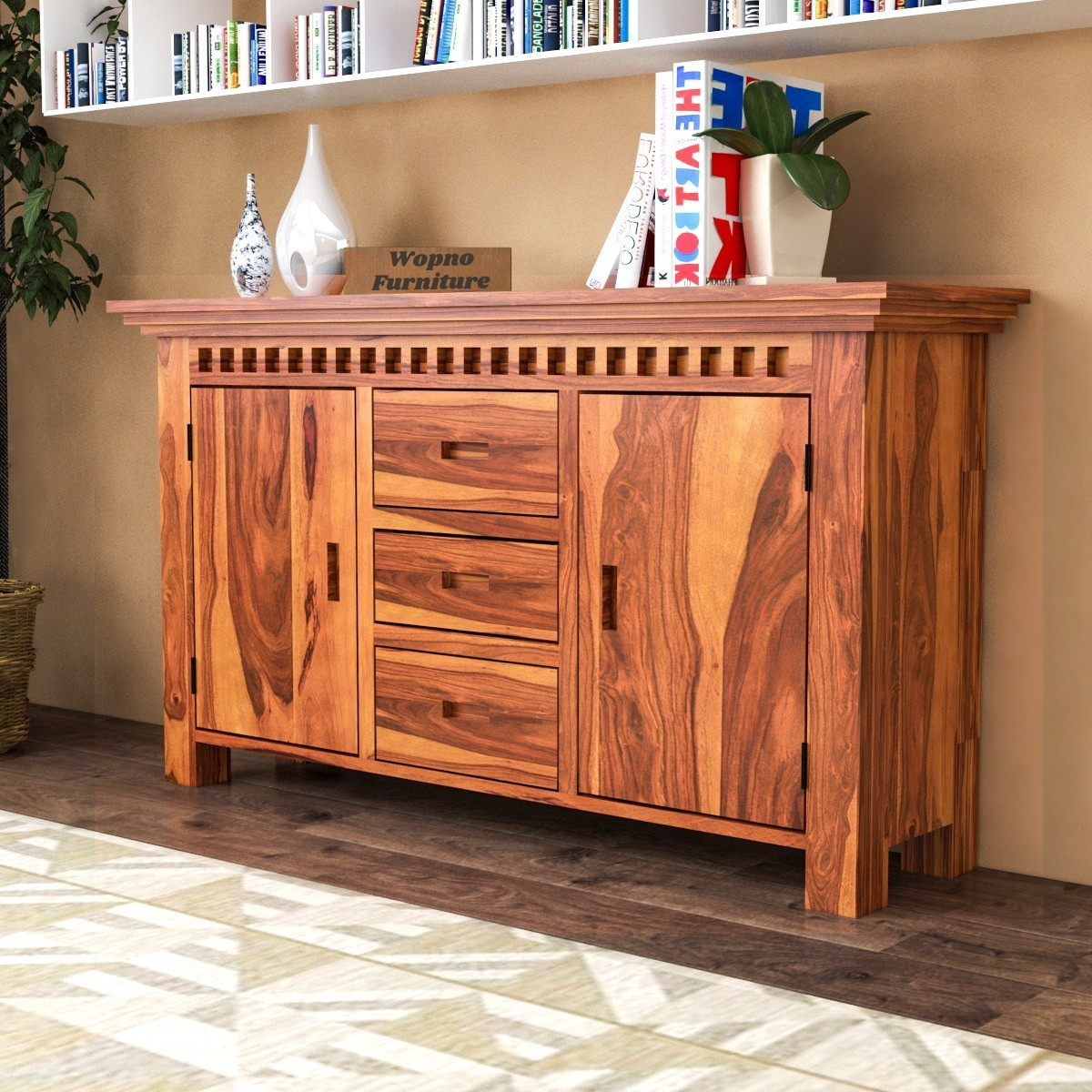 Pivra Solid Sheesham Wood Sideboard and Cabinets (Honey Finish)